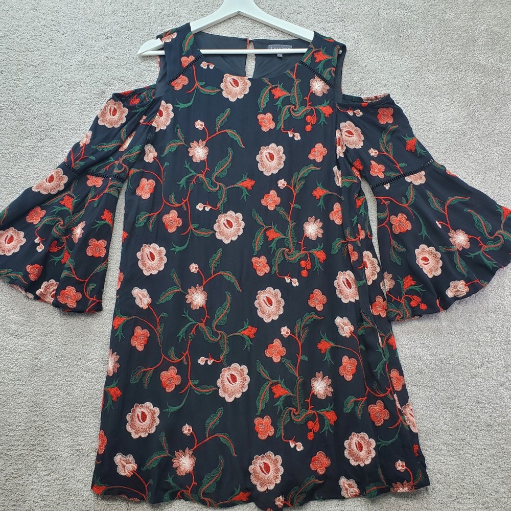 Luxology Cold Shoulder Dress Womens 12 Black Floral Embroidered Bell Sleeve Boho